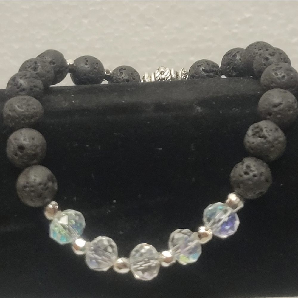 Hand Crafted Silver, Black Lava, and Clear Crystal Bead Stretch Bracelet